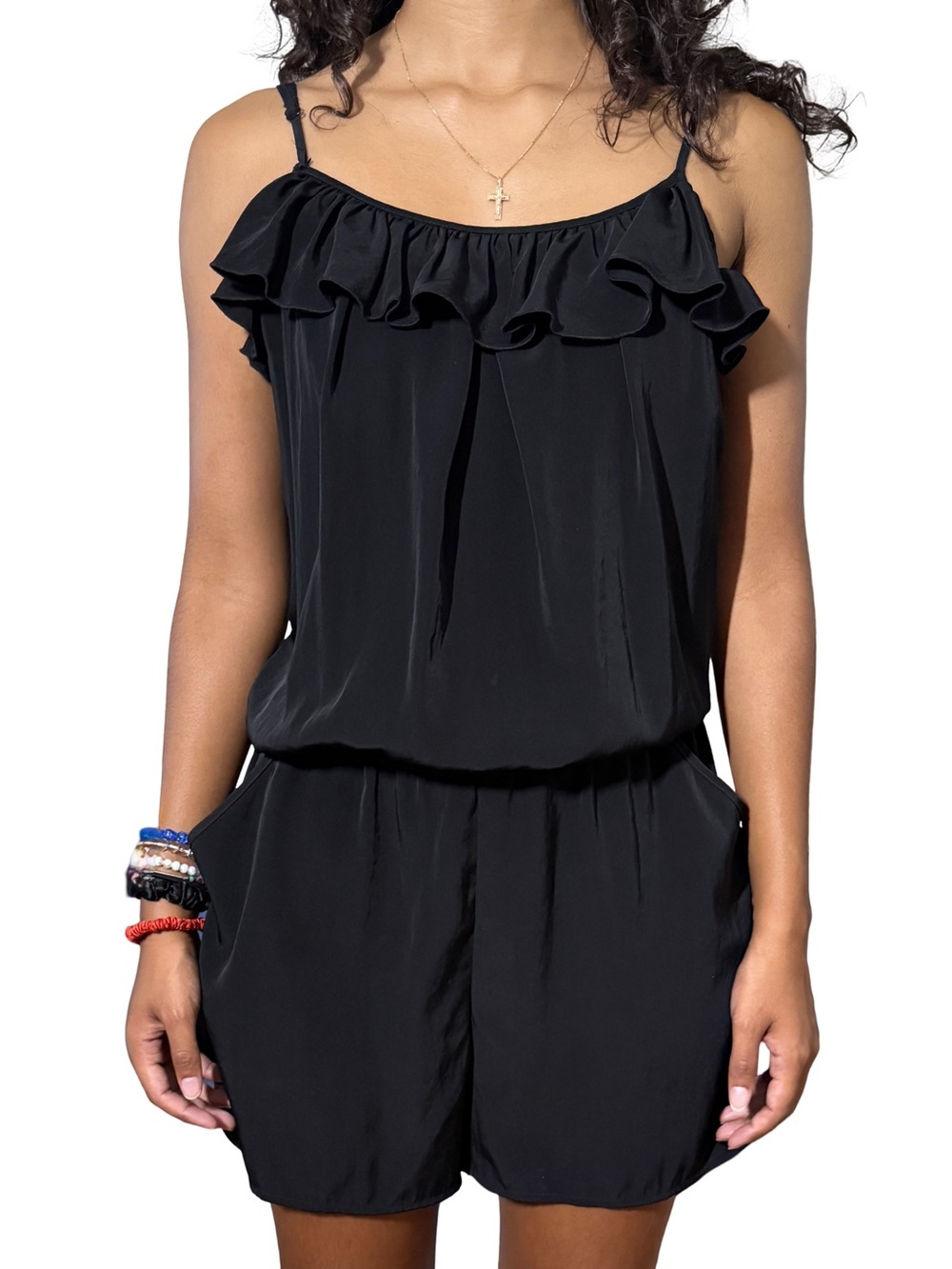 RACHEL Rachel Roy Black Ruffle Cold Shoulder Romper Size M